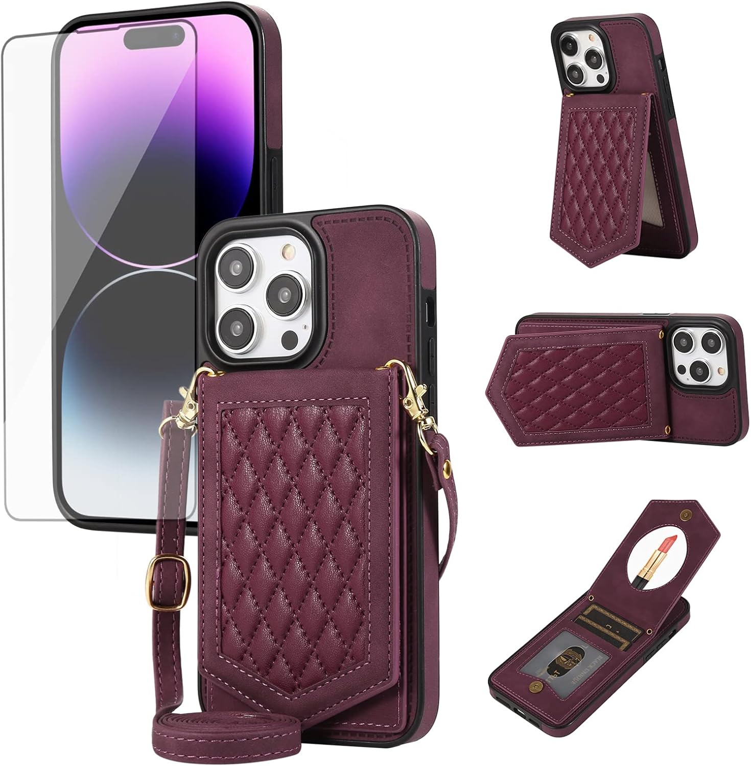 Asuwish Funda de teléfono para iPhone 15 Pro Max de 6.7 pulgadas, funda tipo cartera con protector de pantalla y soporte para tarjeta de espejo,