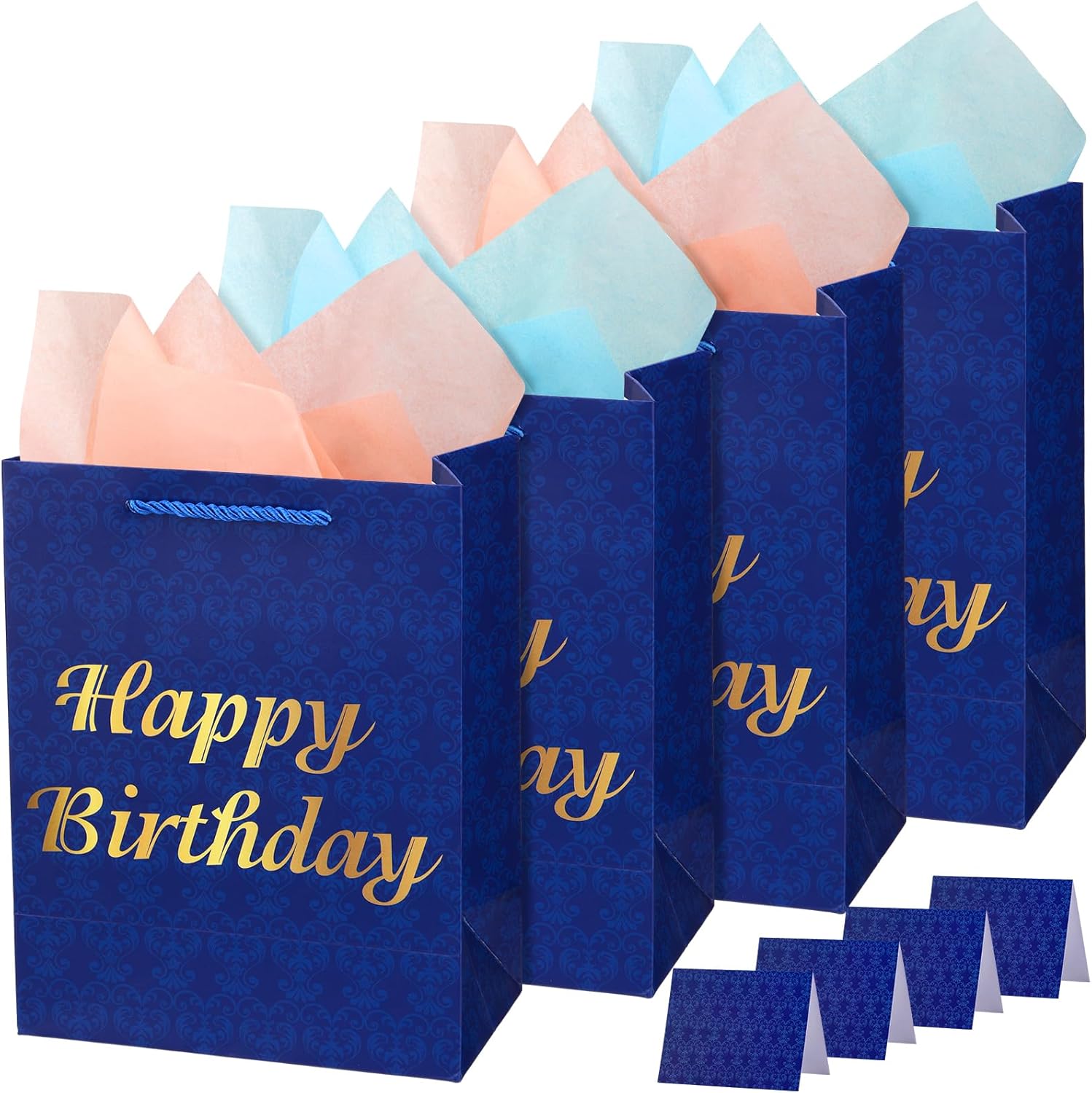 Bolsas de regalo de cumpleaños medianas de 9 pulgadas con papel de seda y tarjetas, paquete de 4 bolsas de regalo azules con asas para fiesta de