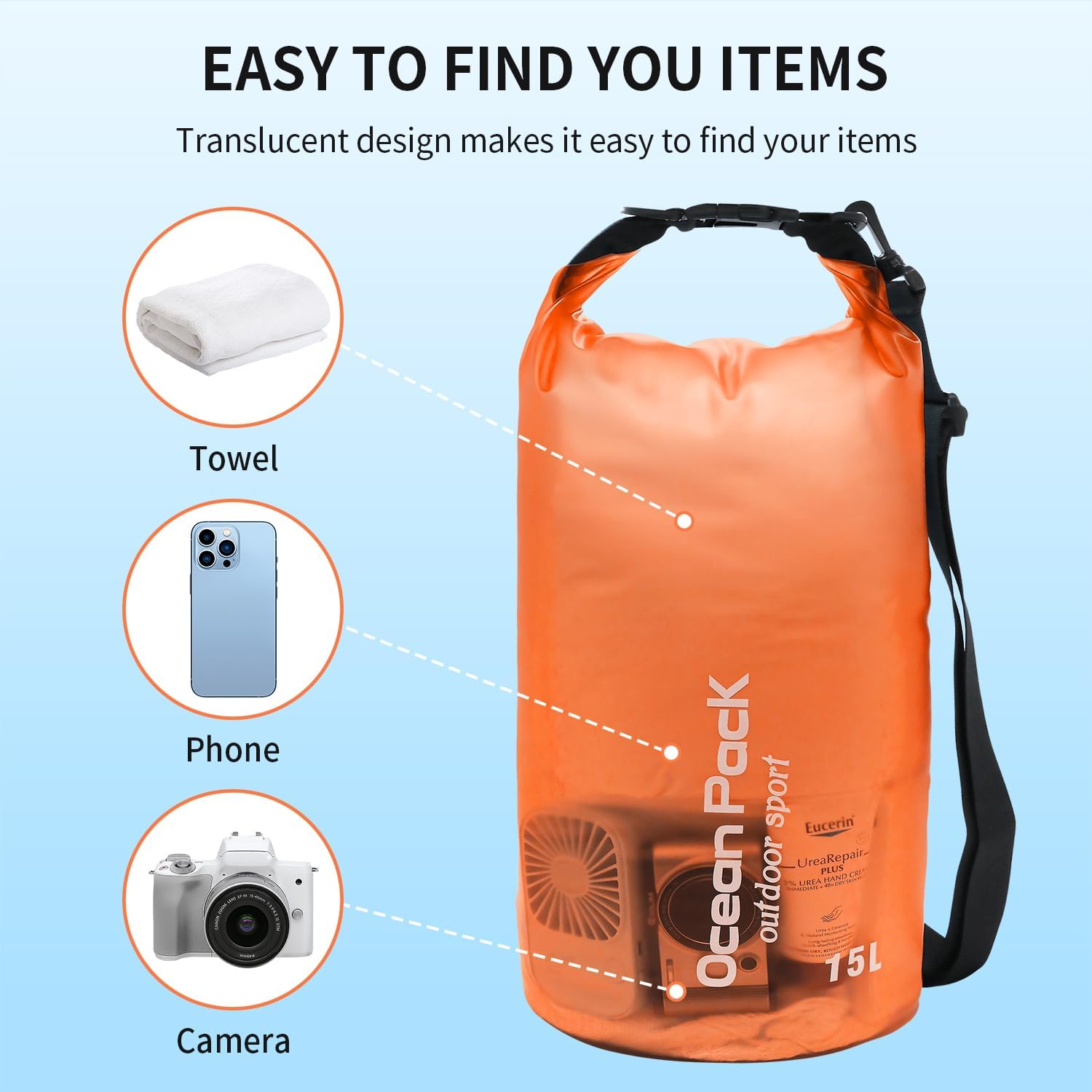 Bolsa seca impermeable para mujeres y hombres, bolsa de almacenamiento ligera y seca de 10 L15 L, saco flotante con funda impermeable para teléfono,