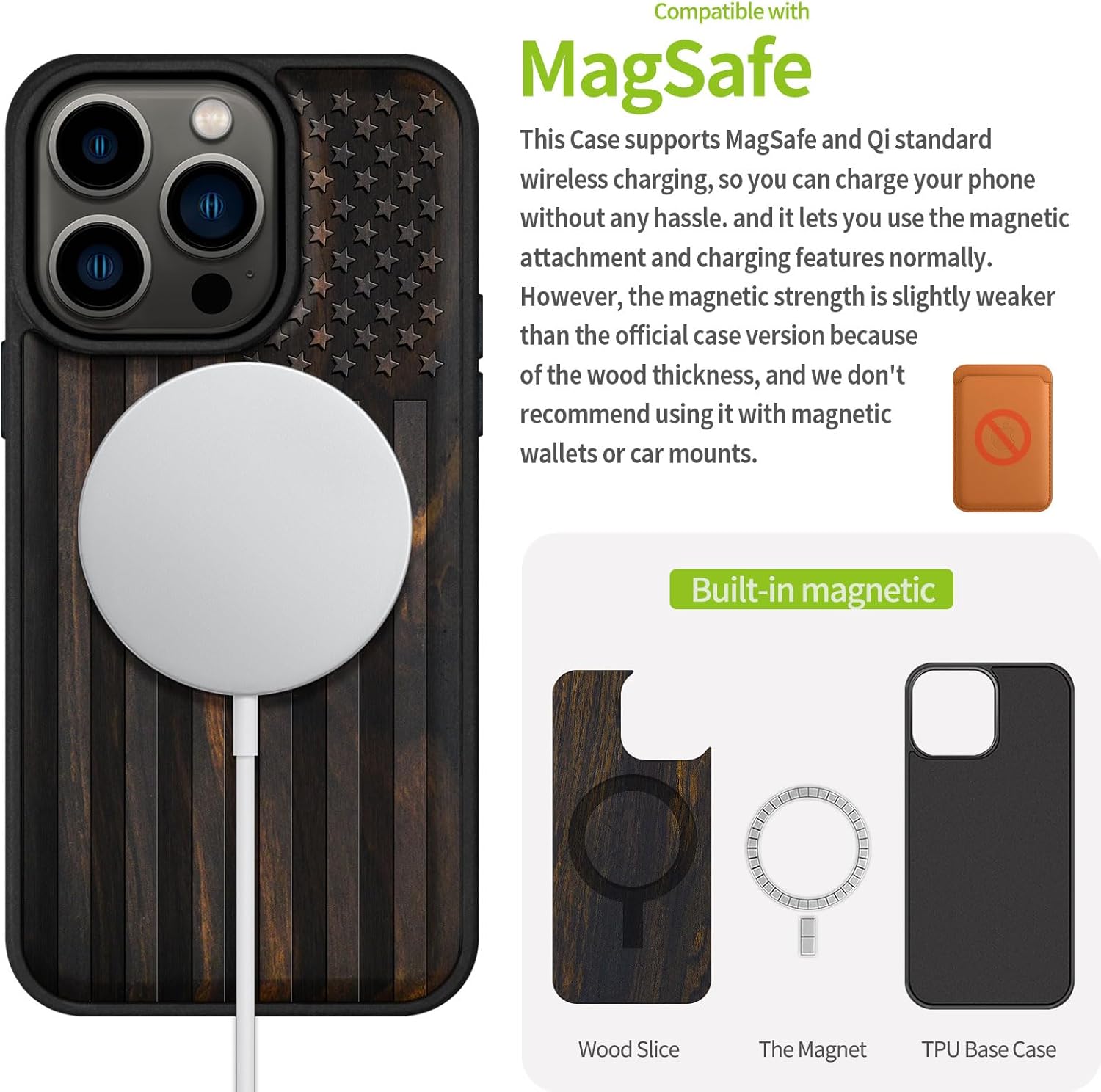 Carveit Funda magnética de madera para iPhone 15 Pro madera maciza y TPU suave negro a prueba de golpes, funda de madera única compatible con