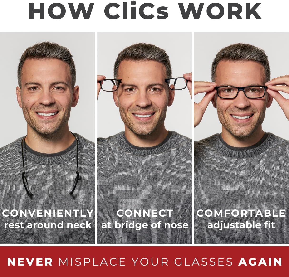 Clic Gafas de lectura magnéticas, lectores de computadora, lente reemplazable, patillas ajustables, ejecutivas, (azul mezclilla, aumento de 1.75)