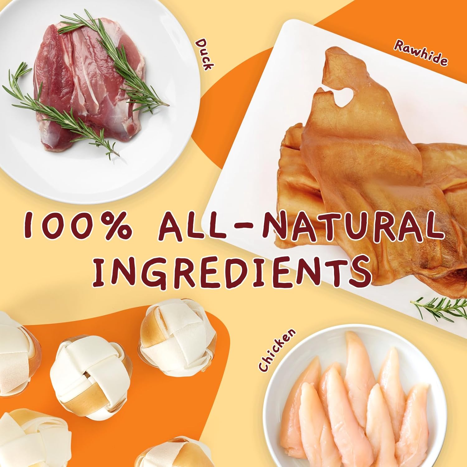 Jungle Calling Golosinas para perros, bocadillos masticables de cuero crudo para perros medianos y grandes, bolas de cuero crudo de triple sabor,