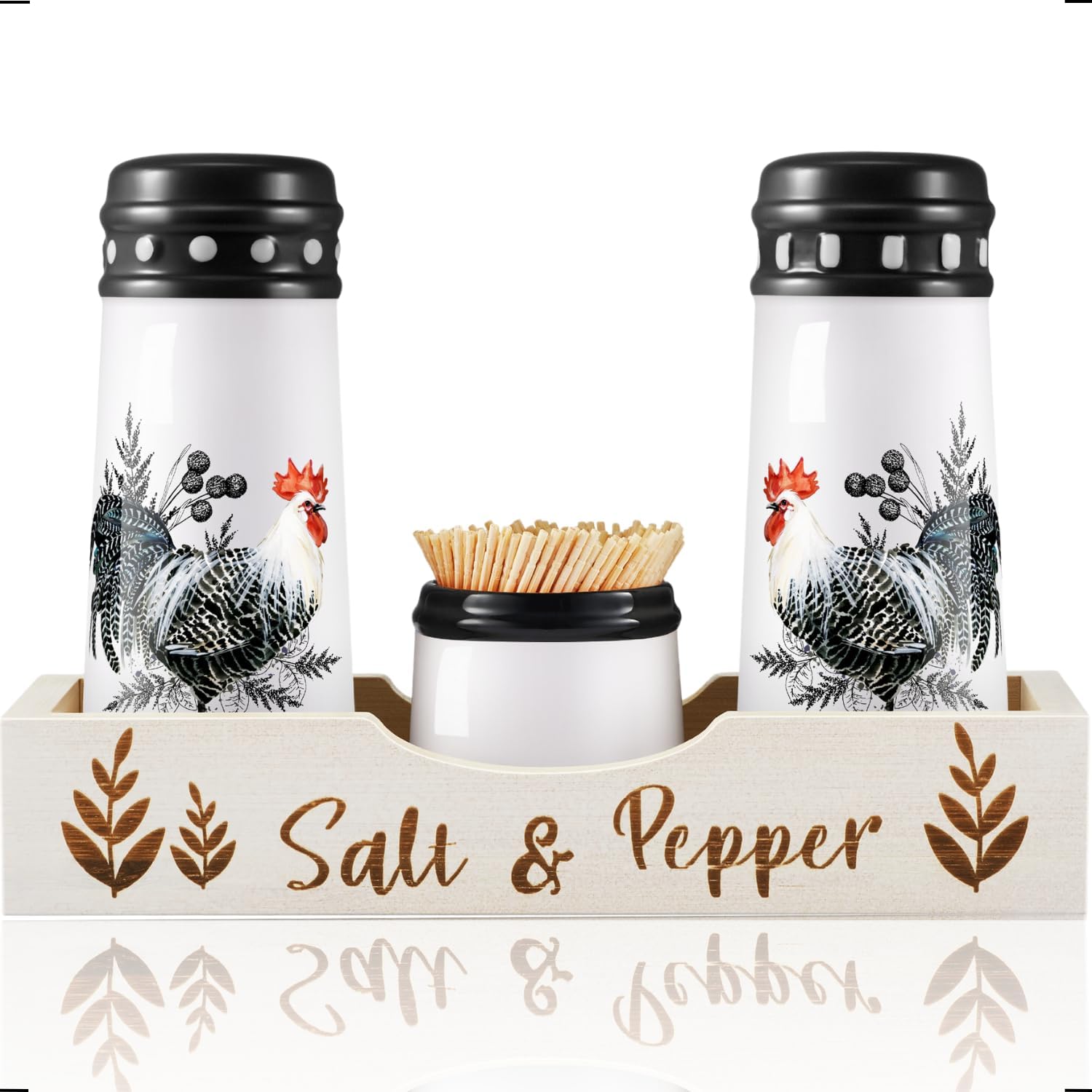 Salero y pimentero de gallo con soporte, juego de salero y pimentero con tarro de palillos de dientes, accesorios de decoración de cocina para