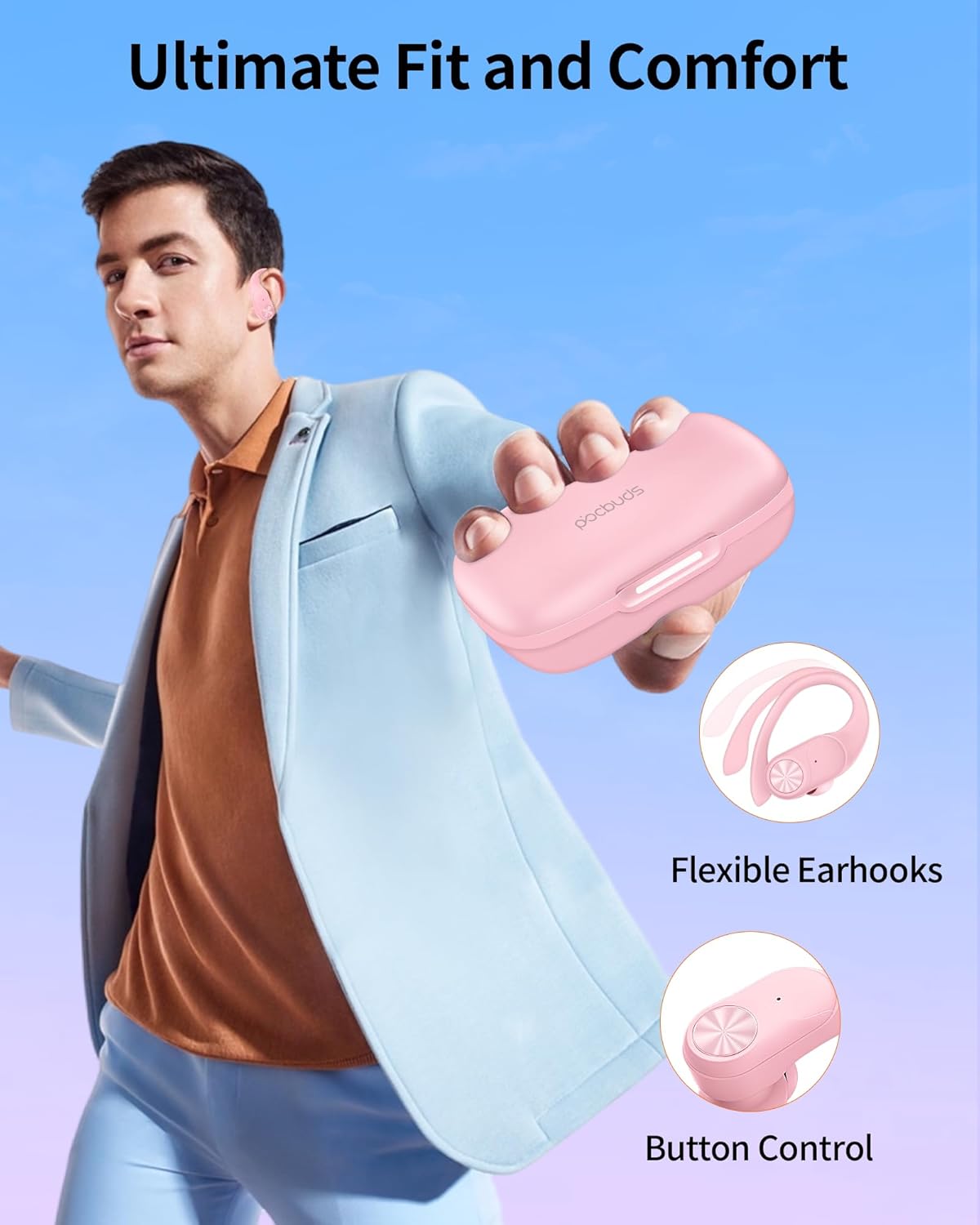 Auriculares Bluetooth inalámbricos 80 horas de reproducción, estuche de carga inalámbrica, pantalla digital, auriculares deportivos con gancho para