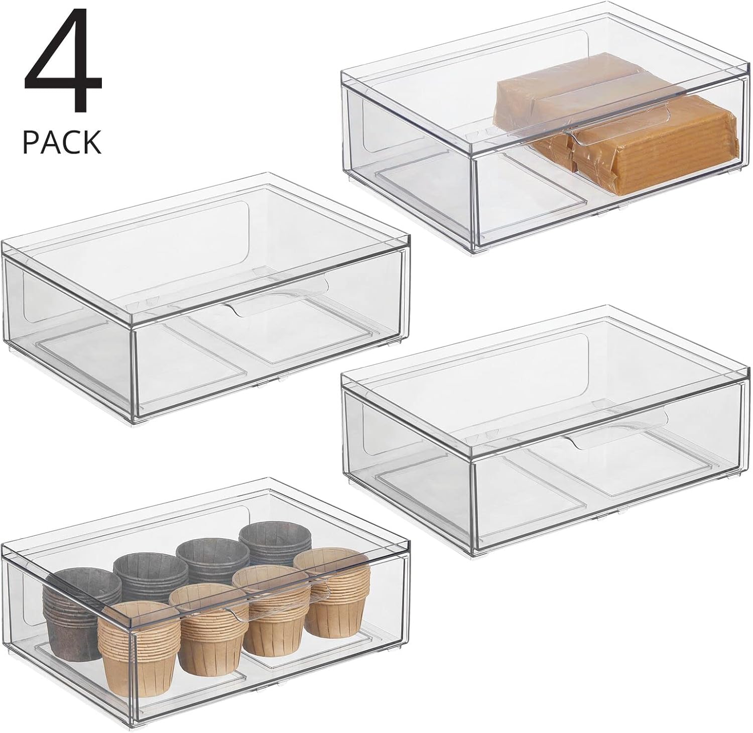 mDesign Contenedores organizadores de almacenamiento de cocina apilables de plástico con cajón frontal para gabinete, despensa, refrigerador,