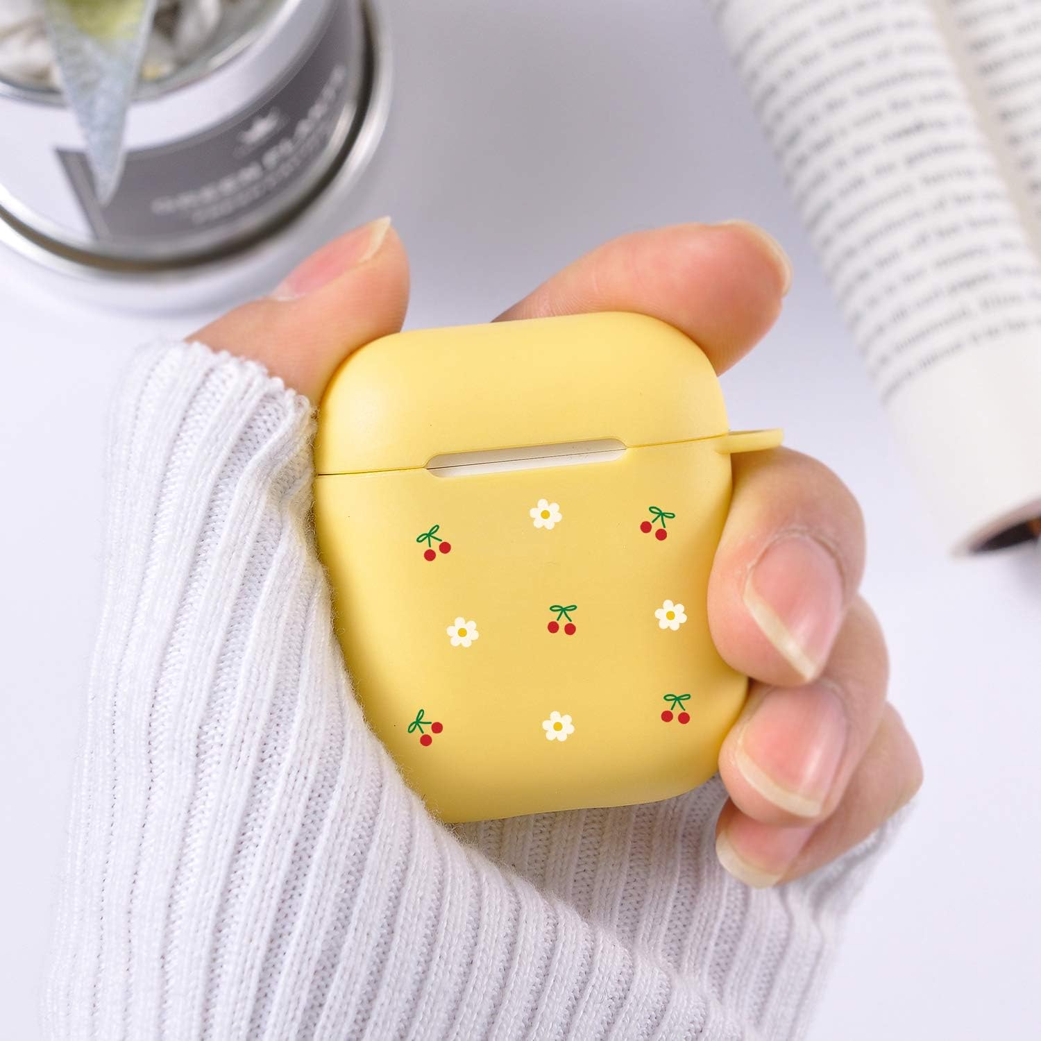 Funda amarilla para AirPod 1 y 2 con llavero de mosquetón de anillo, bonita funda de cereza inalámbrica para auriculares inalámbricos, funda