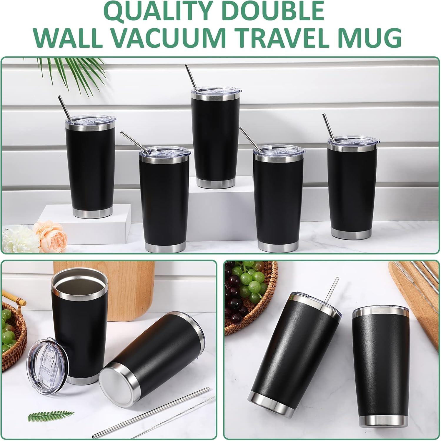 Paquete de 24 vasos de viaje aislados de 20 onzas, vaso de viaje al vacío de doble pared con tapa y pajita, tazas de café de doble pared de acero