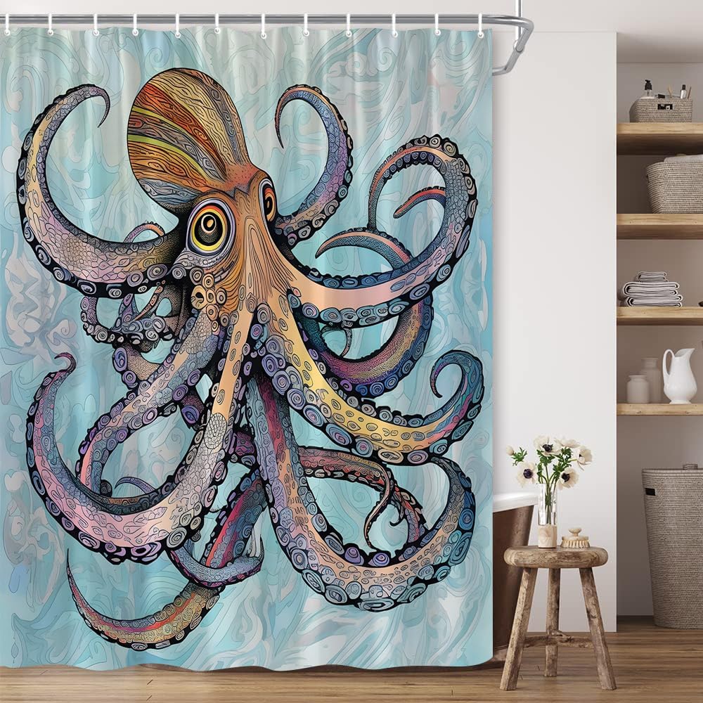 Cortina de ducha bohemia con diseño de pulpo, diseño abstracto de Kraken con diseño floral bohemio, océano, gigante, vida marina, tentáculo, cortina