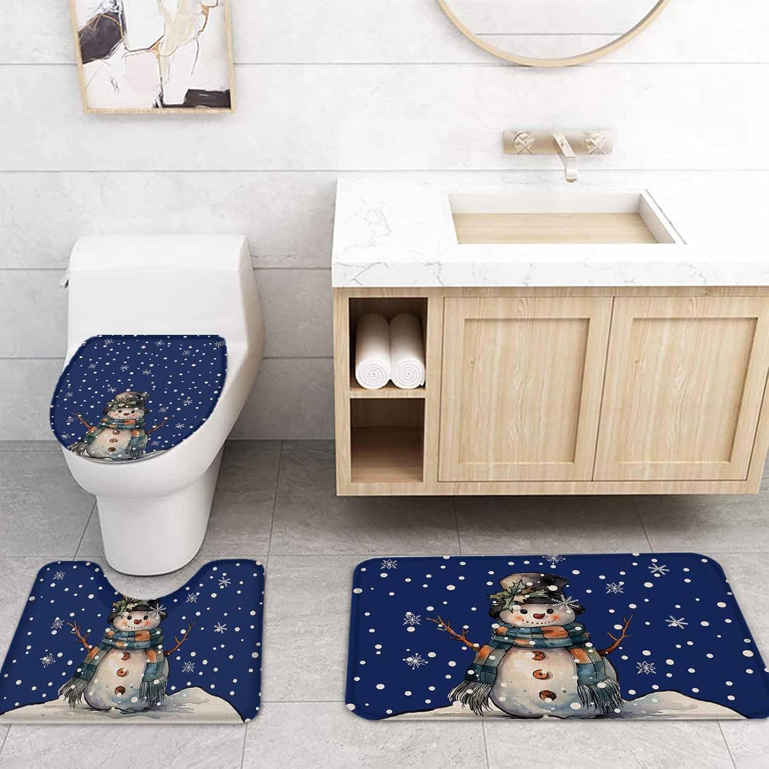 4 Pcs Shower Curtain Set Bathroom Sets, 72″x72″ Absorbent Non-Slip Bathroom Rugs Bath Mat and Toilet Lid Cover, Christmas Snowman Snowflake Blue