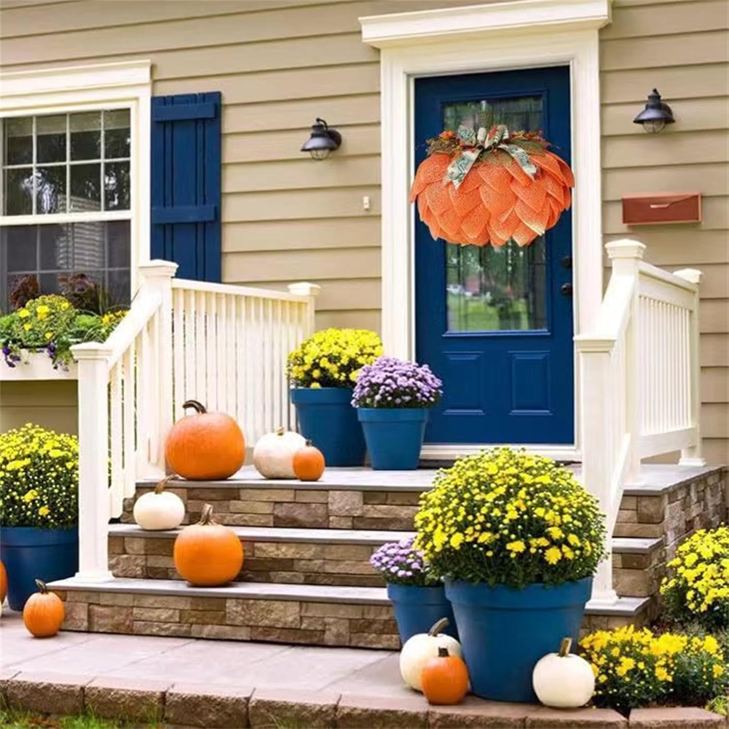 Corona de calabaza naranja de Halloween para puerta delantera, tela de Acción de Gracias, guirnalda de calabaza 2023, decoración de otoño de