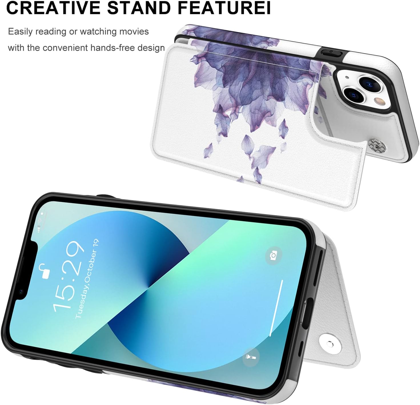 LETO Funda para iPhone 13, funda de piel tipo cartera con diseño de moda para niñas y mujeres, ranuras para tarjetas integradas con función atril,