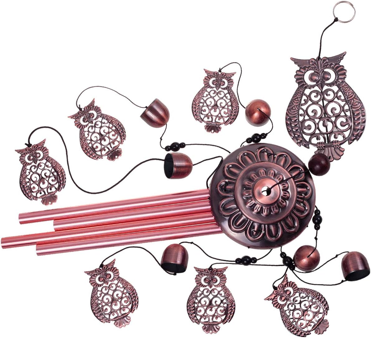 Campanillas de viento de búho para decoración de interiores y exteriores, con 4 tubos de aluminio, 6 campanas, 7 búhos, 37 pulgadas, impermeables,
