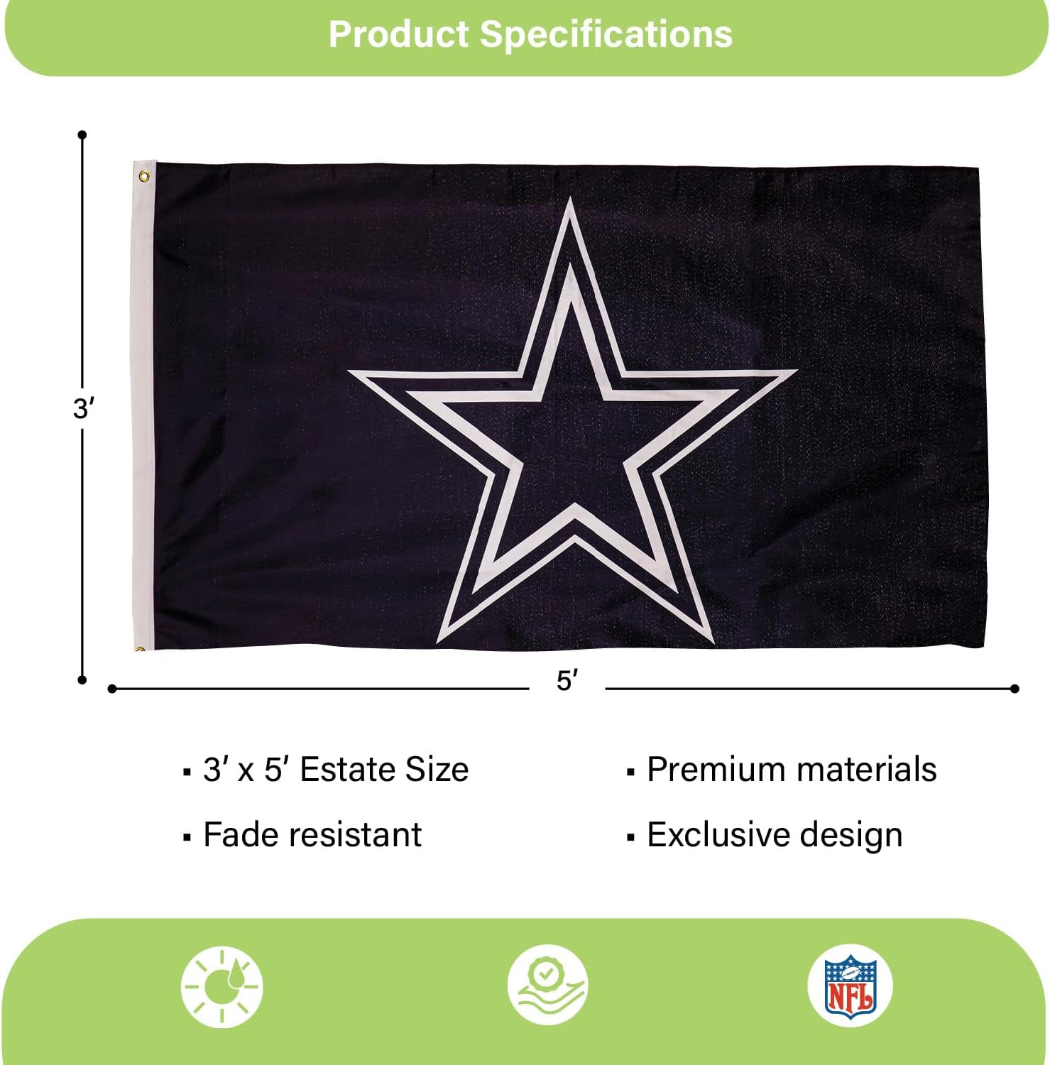 NFL Dallas Cowboys – Bandera duradera de 3 x 5 para exteriores con ojales, bandera y pancarta resistentes para jardín al aire libre y patio, bandera
