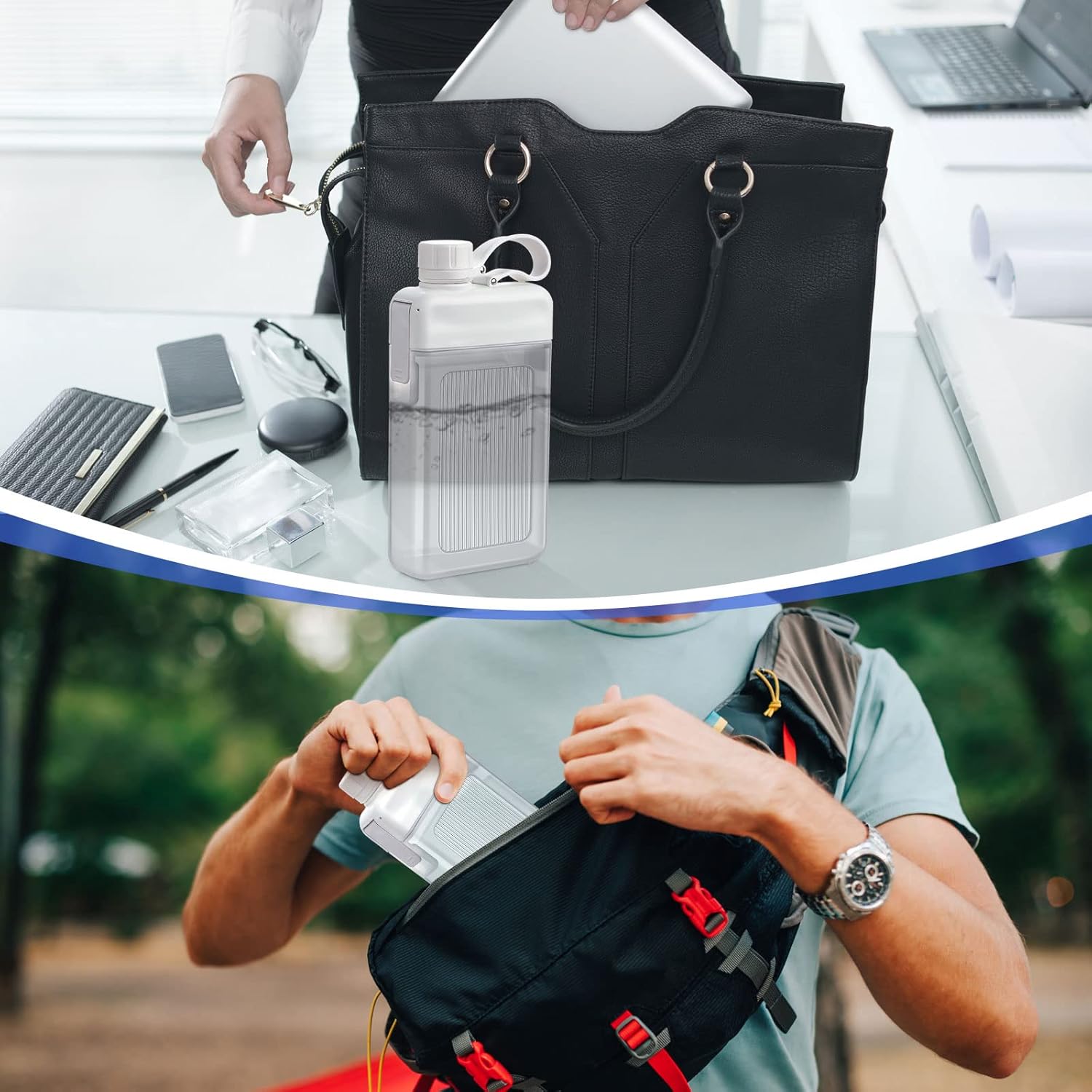 2 botellas de agua planas de 13 onzas para licor, botellas cuadradas delgadas, taza de viaje portátil, botella de bolsillo para deportes al aire