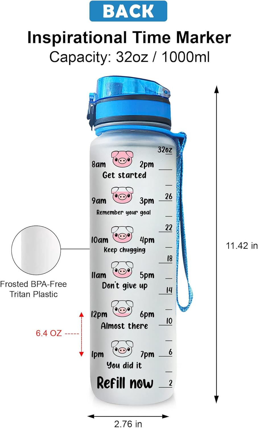 Botella de agua de cerdo, regalos para los amantes de los cerdos, botella de cerdo de 32 onzas grande con tiempos para beber, botella de agua