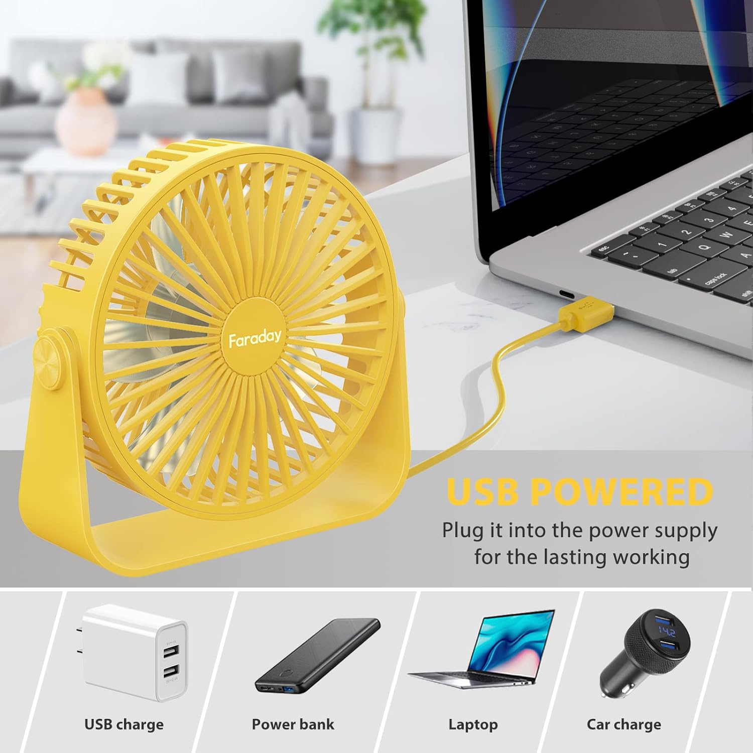 FARADAY Ventiladores de escritorio USB de 5 pulgadas, ventiladores de mesa portátiles con rotación de cabeza de 360, pequeño ventilador de