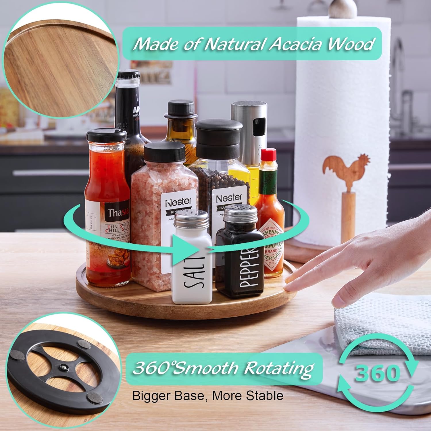 Lazy Susan – Organizador de tocadiscos, 9 pulgadas, madera de acacia Lazy Susan para gabinete, mesa de comedor, despensa, encimera, armario,