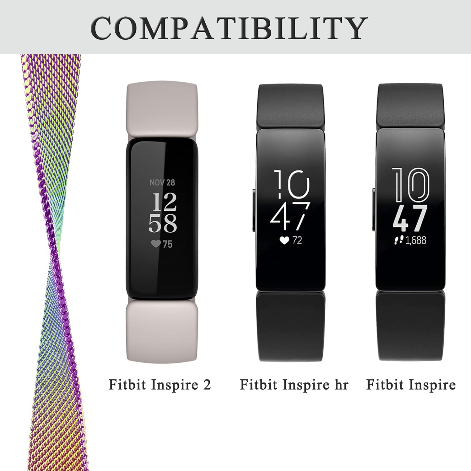 Correa de repuesto para Fitbit Inspire 2 bandas para mujeres y hombres, correa de repuesto de malla de metal de acero inoxidable ajustable para
