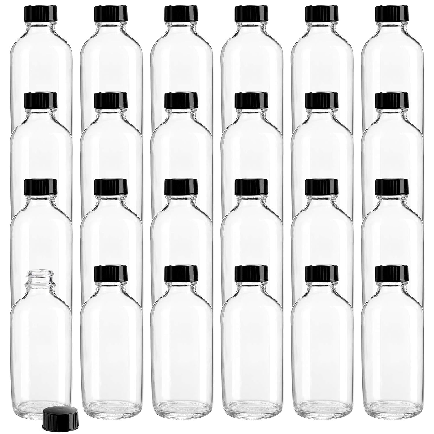Bekith Paquete de 24 botellas redondas Boston transparentes con tapa de cono de polietileno negro, botellas de vidrio transparente de 4 onzas,
