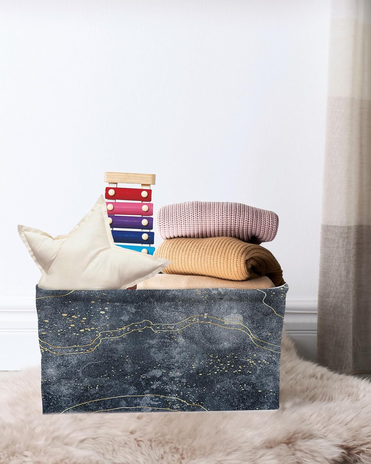 Cesta de almacenamiento gris degradado para organizar estantes, cajas de almacenamiento plegables con asa, líneas amarillas modernas, arte