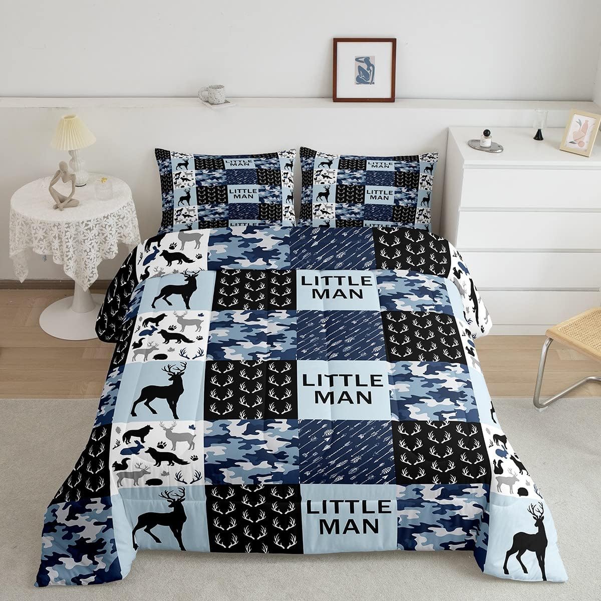 Manfei Juego de edredón de camuflaje con cuernos de ciervo tamaño matrimonial, ropa de cama de retazos geométricos de 3 piezas para decoración de