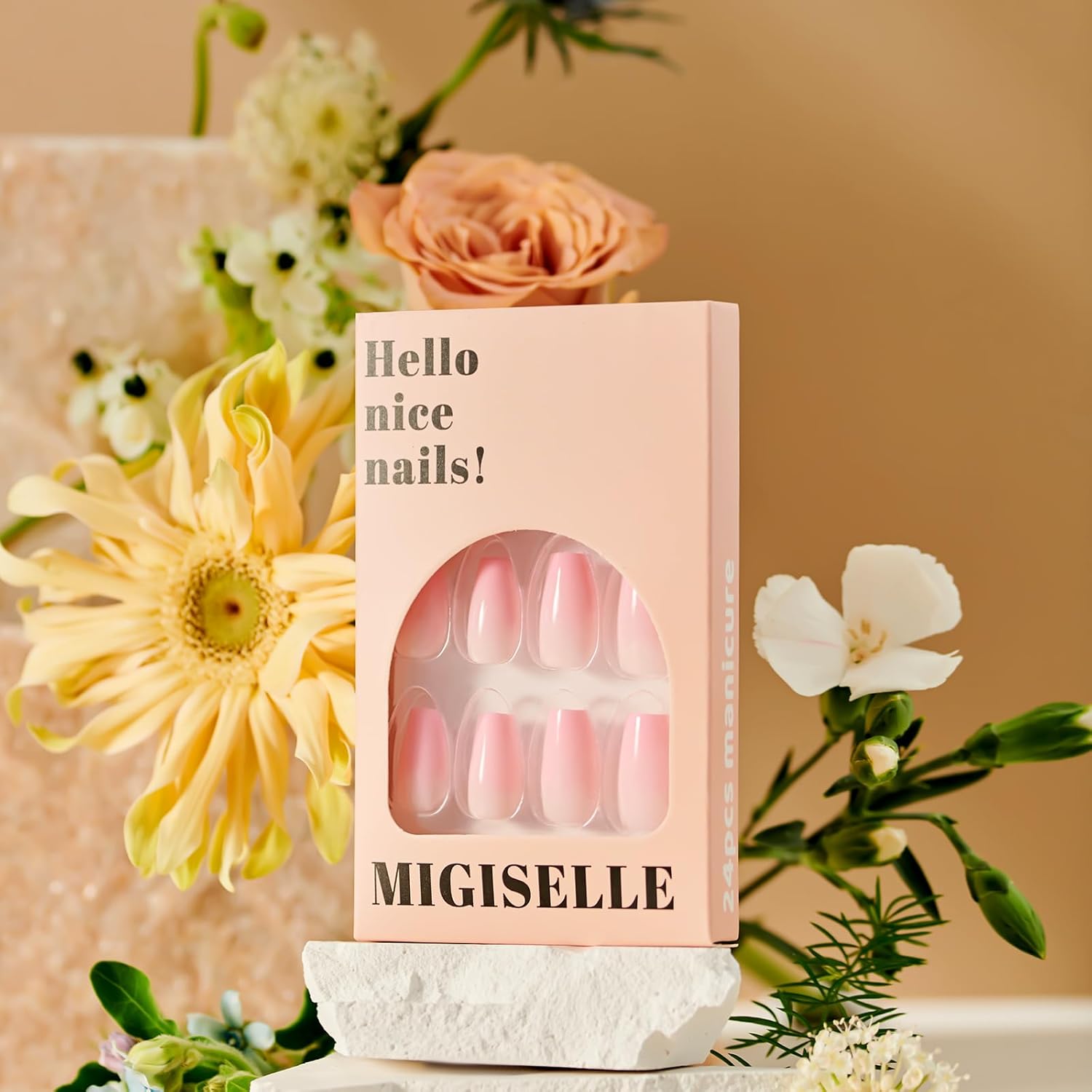 Uñas postizas a presión con forma de ataúd de color rosa degradado, medianas, uñas postizas con pegamento, reutilizables, 24 unidades, 12 tamaños,