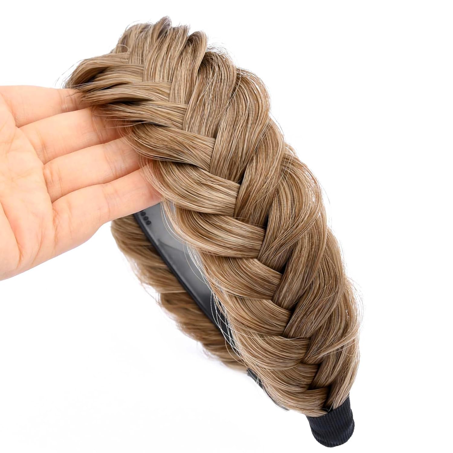 DIGUAN Diadema trenzada ancha y desordenada con dientes, diadema de pelo sintético trenzado de alta elasticidad, cola de pez gruesa, banda trenzada