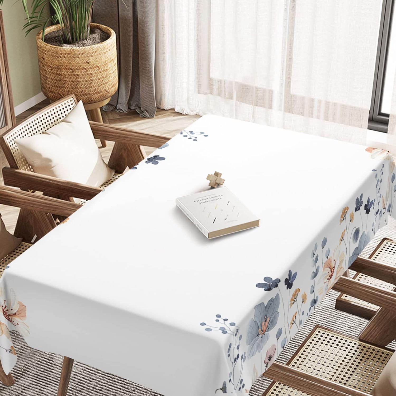 Blue Beige Flowers Fabric Waterproof Tablecloth,Rectangle Watercolor Wrinkle Oil-Proof Resistant Table Cover for Dining Table, Modern Minimalist
