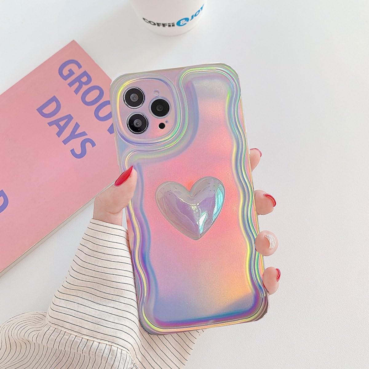 Changjia Funda para iPhone 14 Pro Max para mujer, bonita funda holográfica 3D con diseño de corazón y corazón, brillante, marco de onda de luz a
