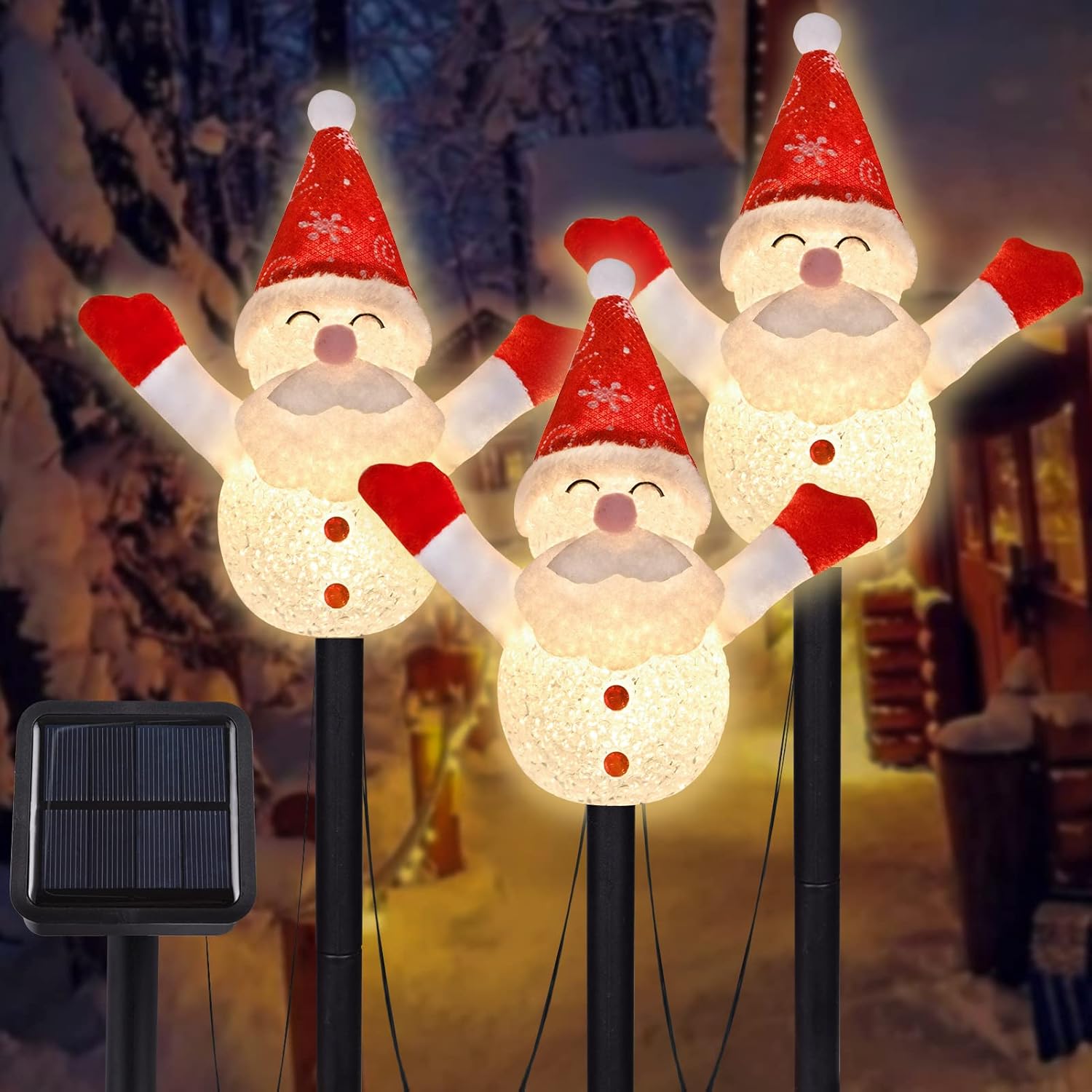 LIGHTSHINE 3 piezas de decoraciones solares de jardín de Navidad con forma de Papá Noel, luces solares de camino, estacas solares de jardín de
