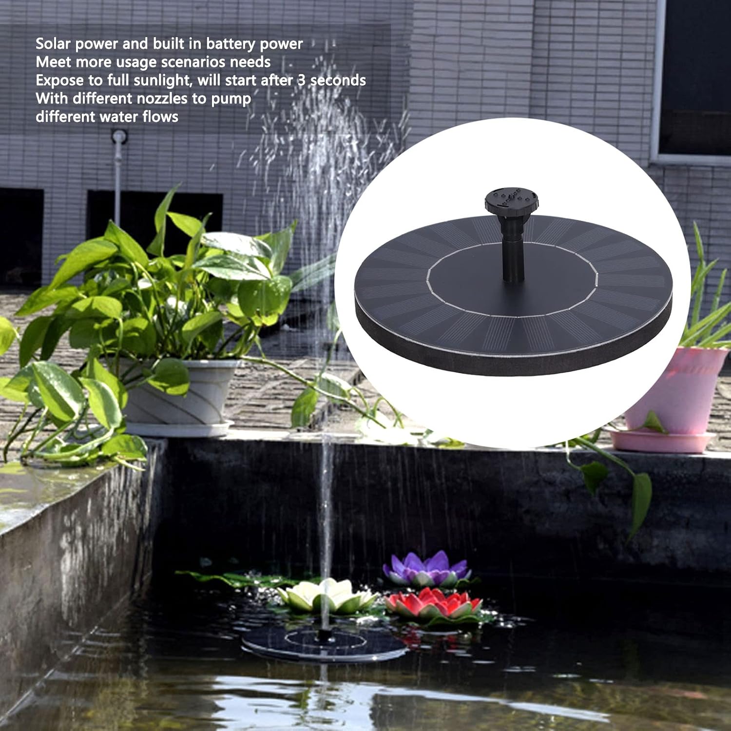 Bomba solar para fuente de baño para pájaros, fuente solar de 2.5 W con 5 boquillas, bomba de fuente de agua flotante de pie libre para jardín,