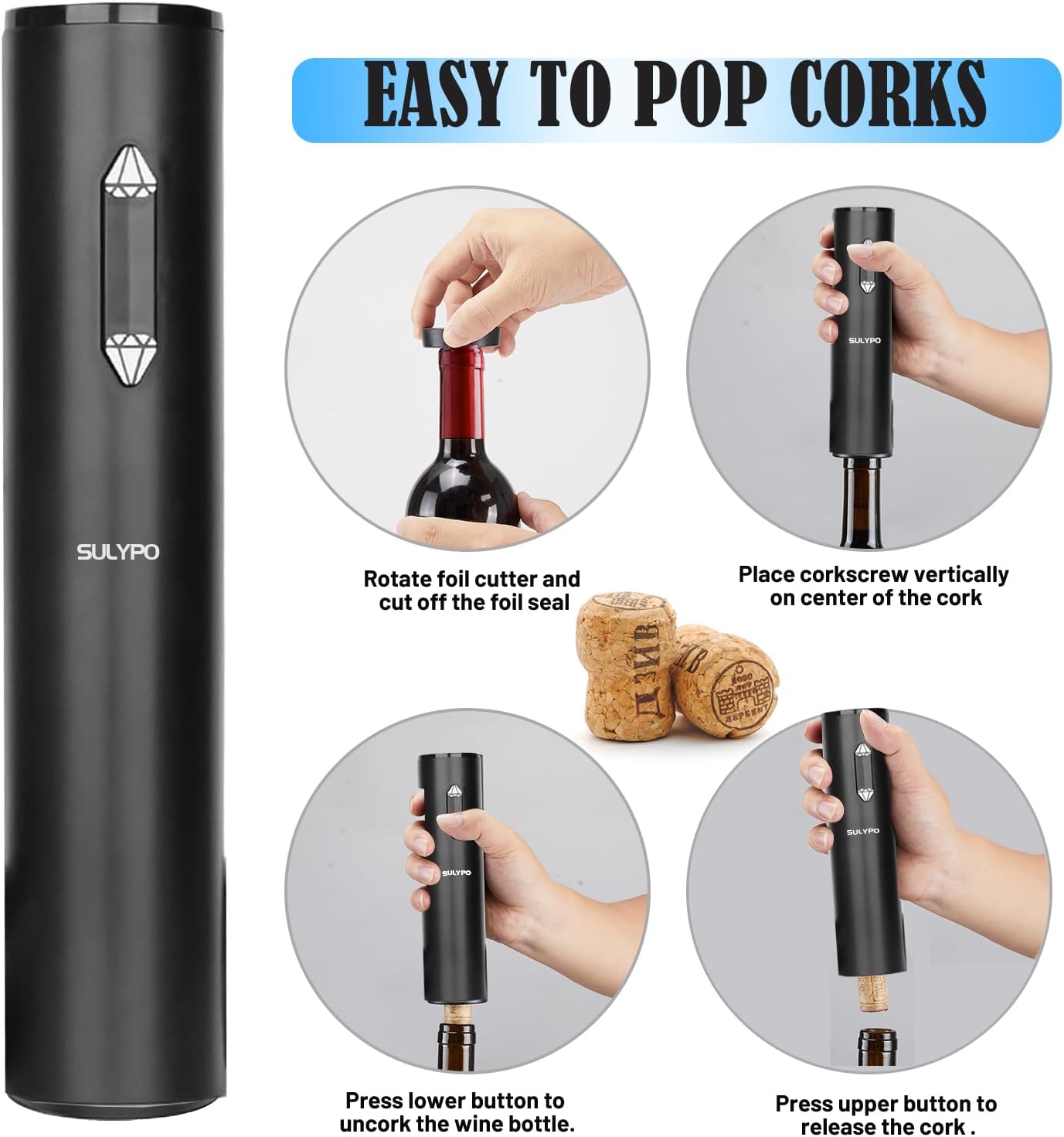 Abridor de vino eléctrico, abrebotellas de vino Sulypo abrebotellas de vino, abridor de corcho de vino, abridor de botellas de sacacorchos,