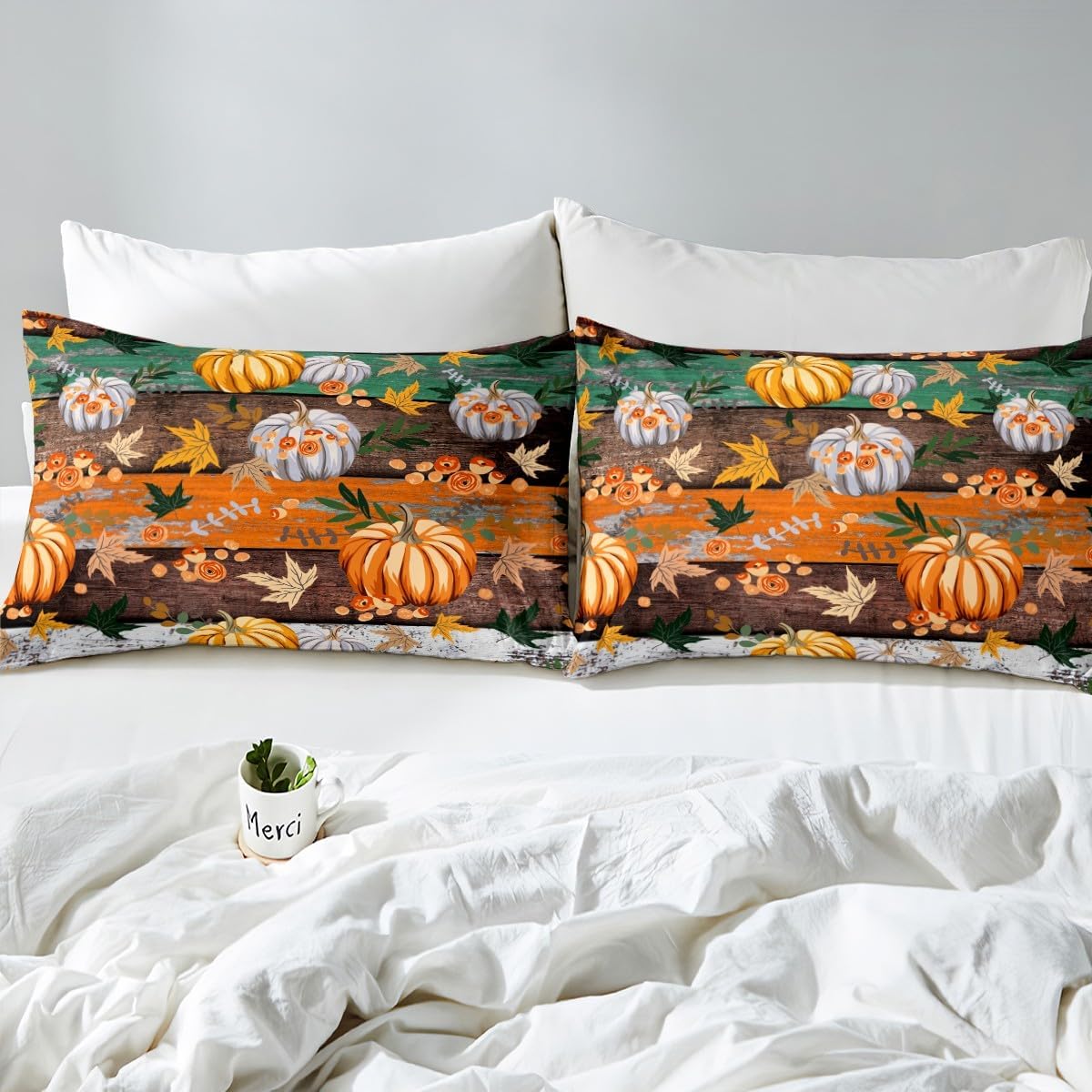 Juego de funda de edredón para niños con diseño de calabaza otoñal, tamaño King, juego de ropa de cama rústica con tablones de madera, decoración de