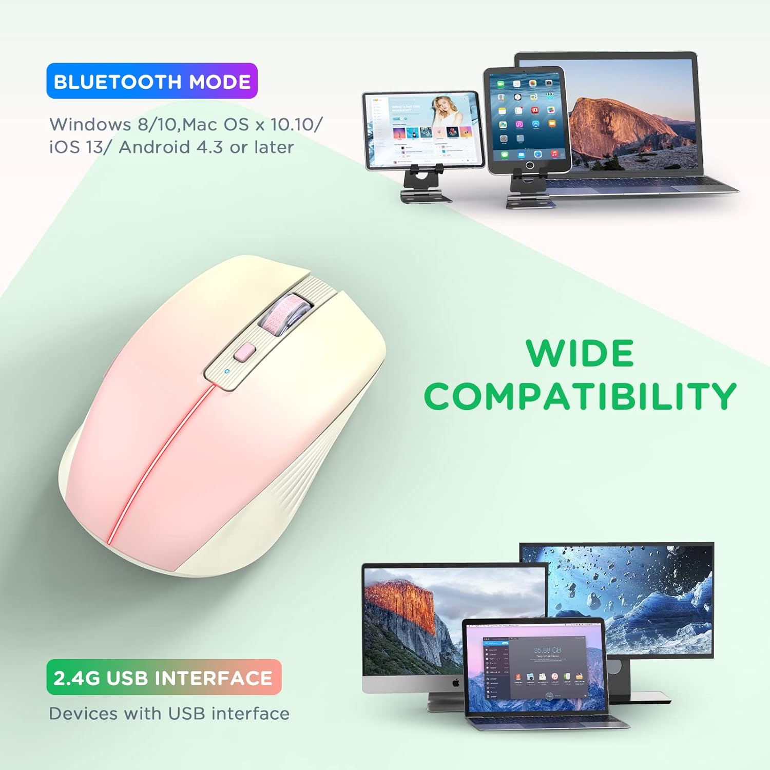 RAPIQUE Ratón inalámbrico Bluetooth, mouse recargable para computadora multidispositivo (modo tri BT1BT2+2.4Ghz) con receptor USB, mouse portátil