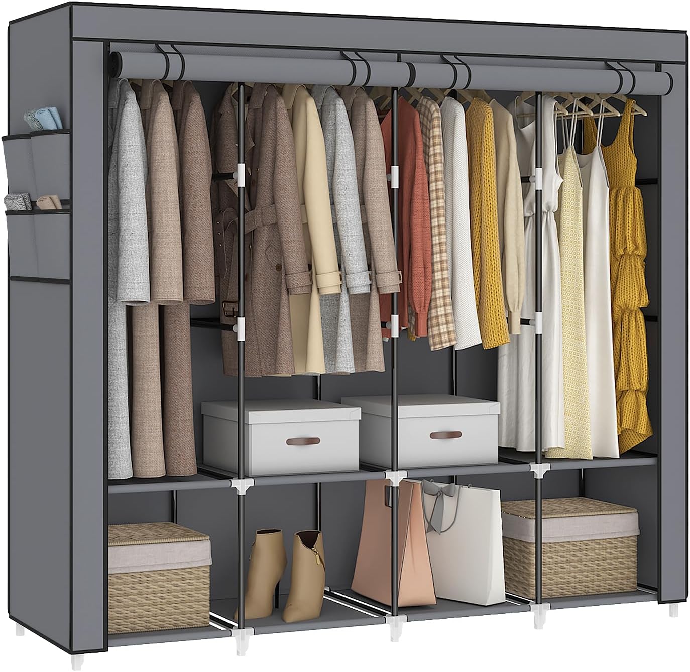 Armario portátil de 67 pulgadas para colgar ropa, armario con tapa, 4 varillas para colgar y bolsillos laterales, 8 estantes de almacenamiento,