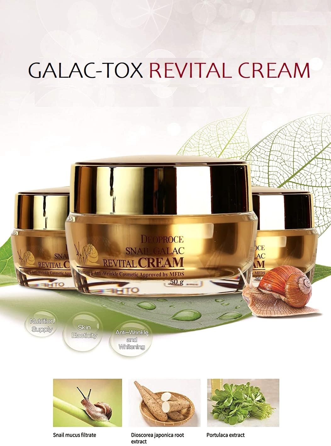 Deoproce Premium Snail Revital Crema Galac-Tox Caracol Secretion Filtrate Cuidado Coreano de la Piel con Galactomyces Ferment Filtrate, Volufiline,