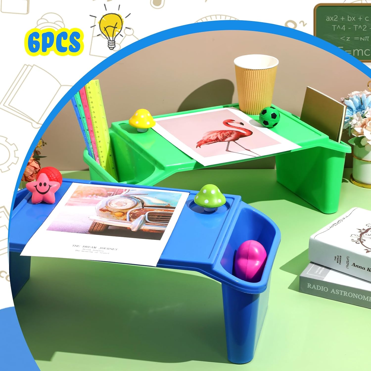 Leinuosen 6 bandejas de escritorio para niños con almacenamiento de plástico para desayuno, bandejas para laptop con bolsillos laterales y ranura,