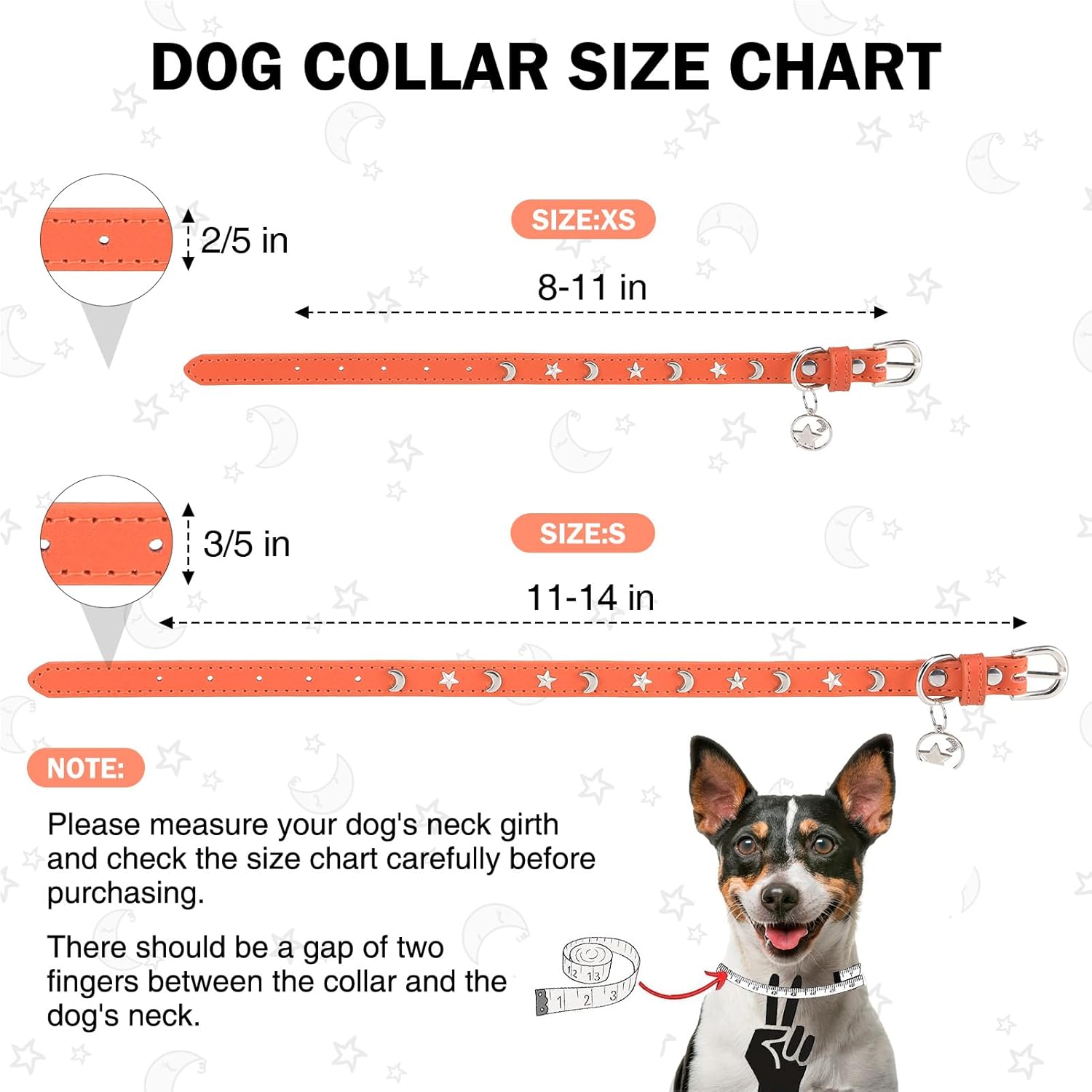 Collar de cuero para perros pequeños y medianos, collar ajustable con remache de estrella y luna con hebilla de metal resistente al óxido, collares