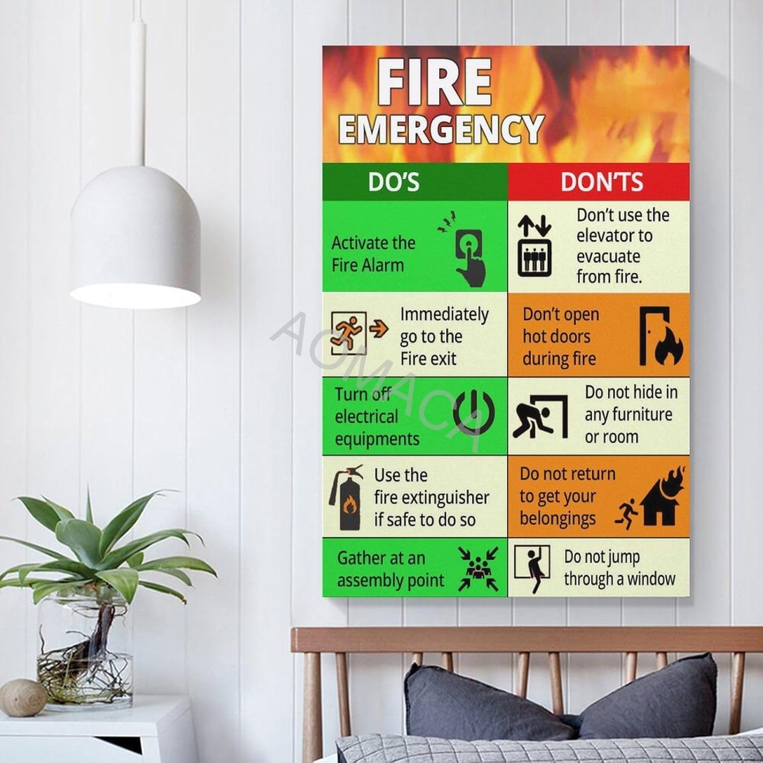 Póster de guía de evacuación de emergencia contra incendios, póster de emergencia de seguridad contra incendios, póster de decoración de pared de