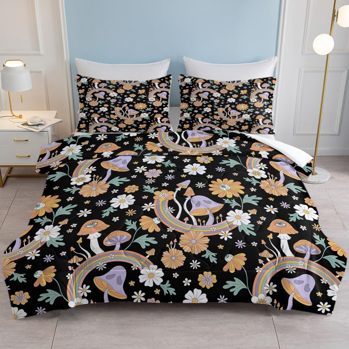 SOULZZZ Juego de ropa de cama retro de hongos hippie tamaño matrimonial, edredón floral de hongos margaritas para niñas y mujeres, edredón negro con