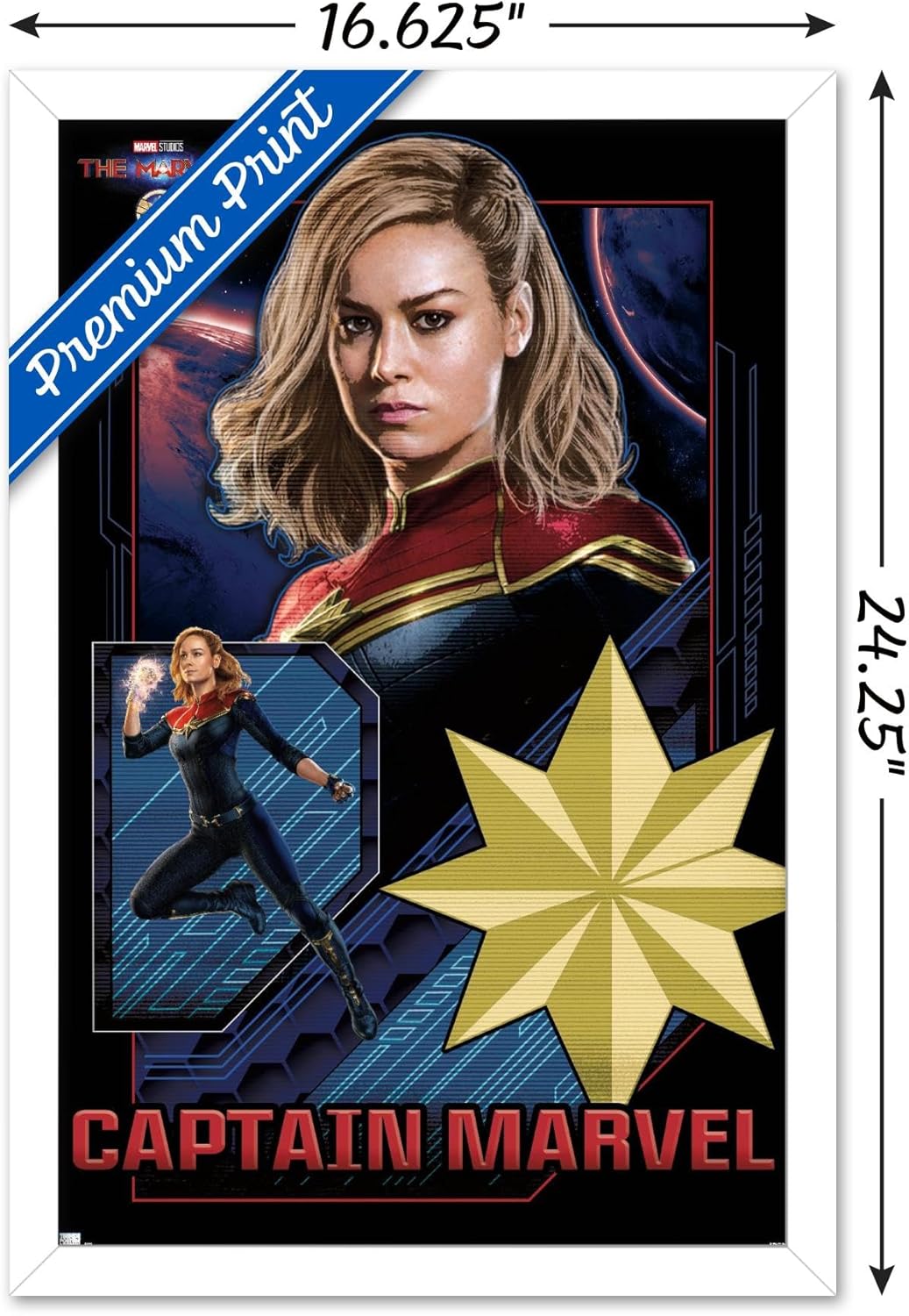 Trends International Marvel The Marvels – Póster de pared de Capitán Marvel, 14.72 x 22.37 pulgadas, versión enmarcada en blanco