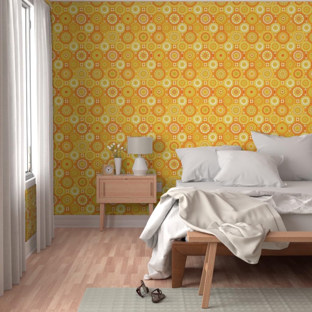 Spoonflower Peel & Stick Wallpaper 3ft x 2ft – Circle Tiles Yellow Flowers Retro Orange Geometric 70s 60s Vintage Custom Removable Wallpaper