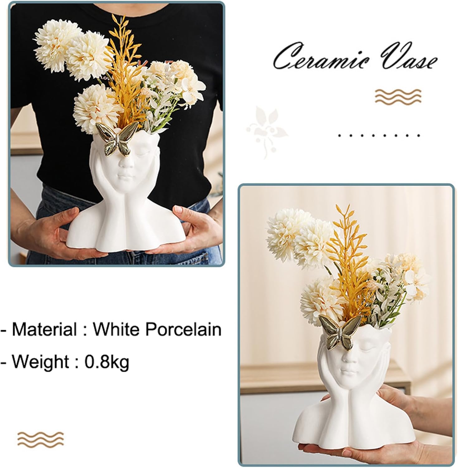 PAVLDSIN Jarrón de cerámica blanca para decoración, cabeza de forma humana creativa, medio cuerpo, busto, floreros con mariposa para el hogar,