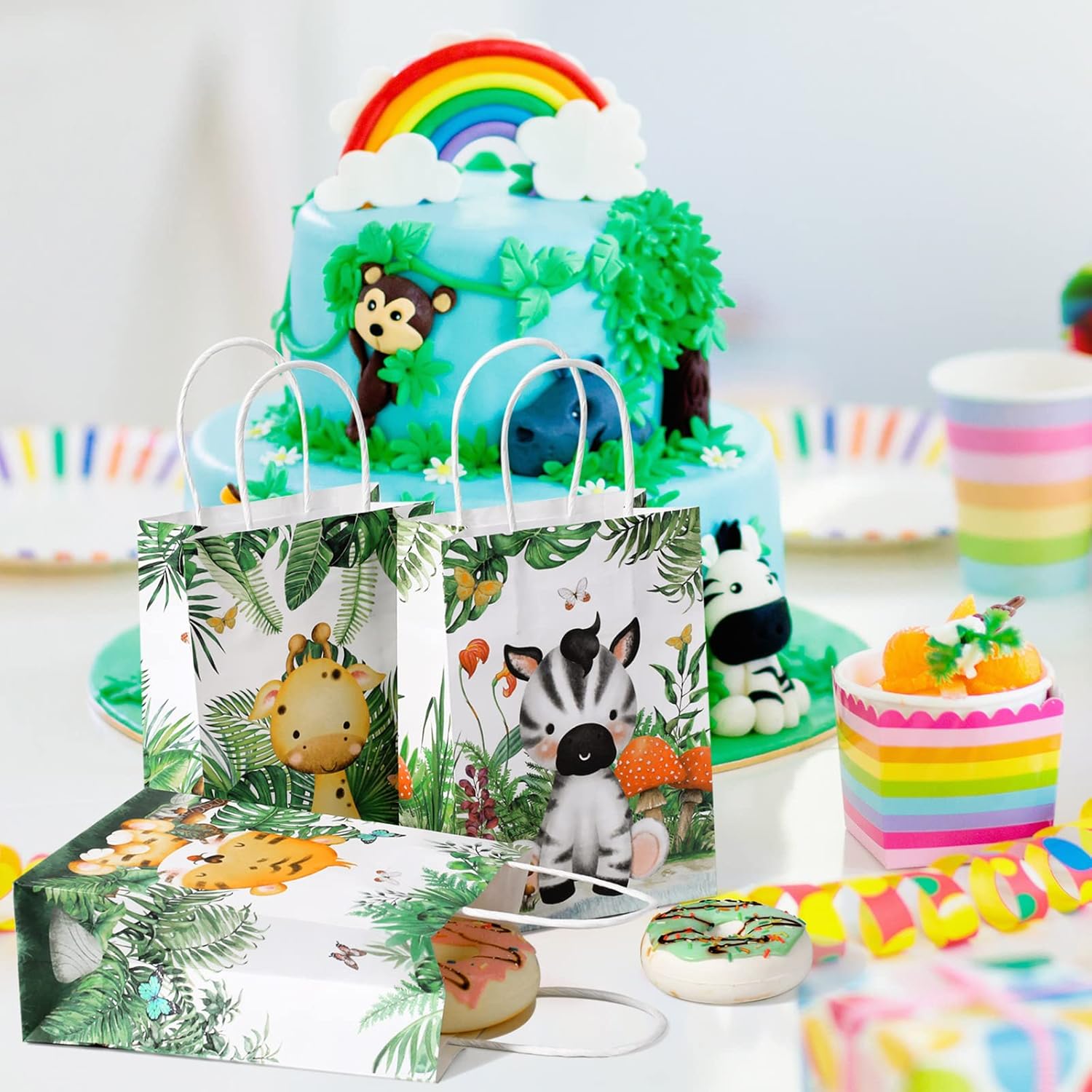 TaoBary Bolsas de regalo de animales con asas, león, tigre, elefante, mono, jirafa, bolsas de regalo para niños, fiesta temática de safari,