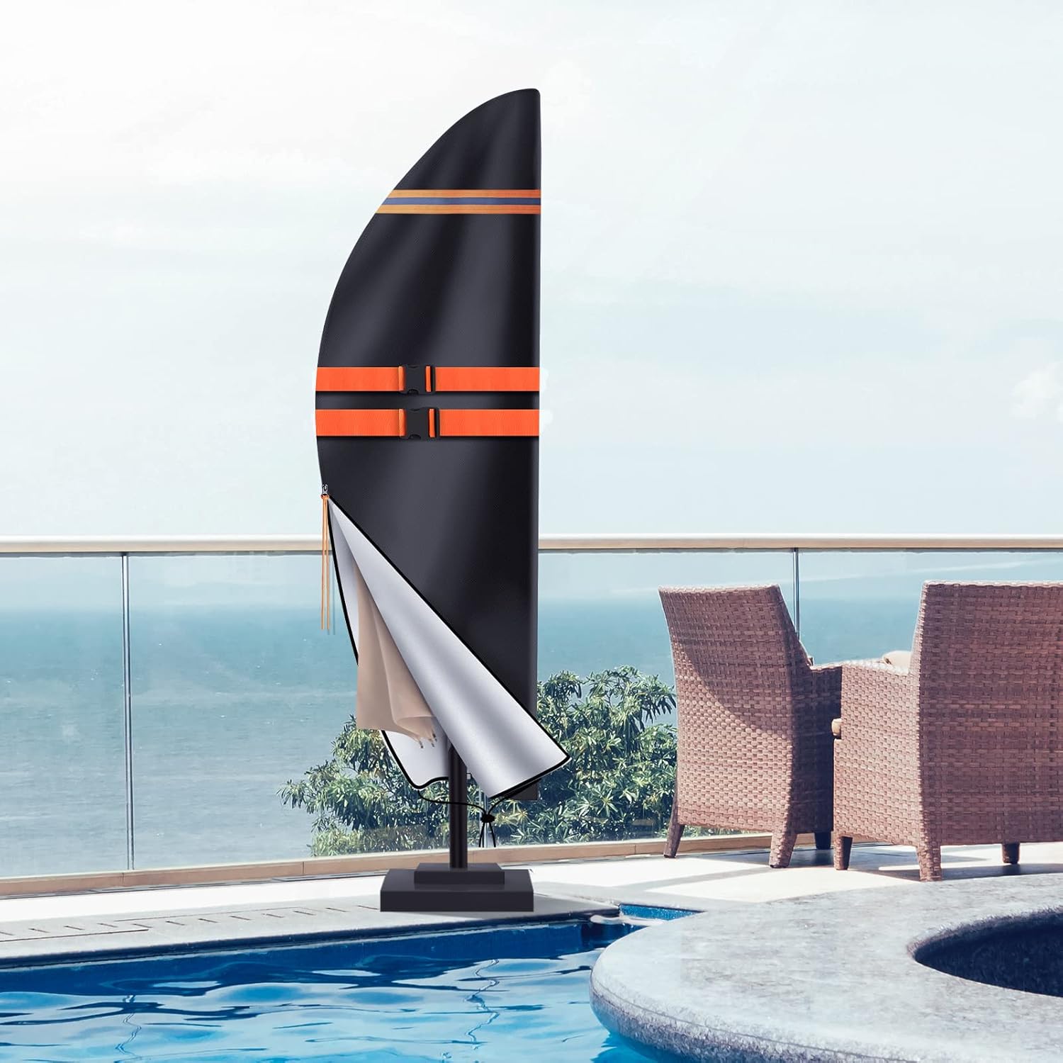 NEVERLAND Funda para paraguas de tela Oxford para sombrilla de patio al aire libre con tira de brillo nocturno, fundas impermeables para sombrilla