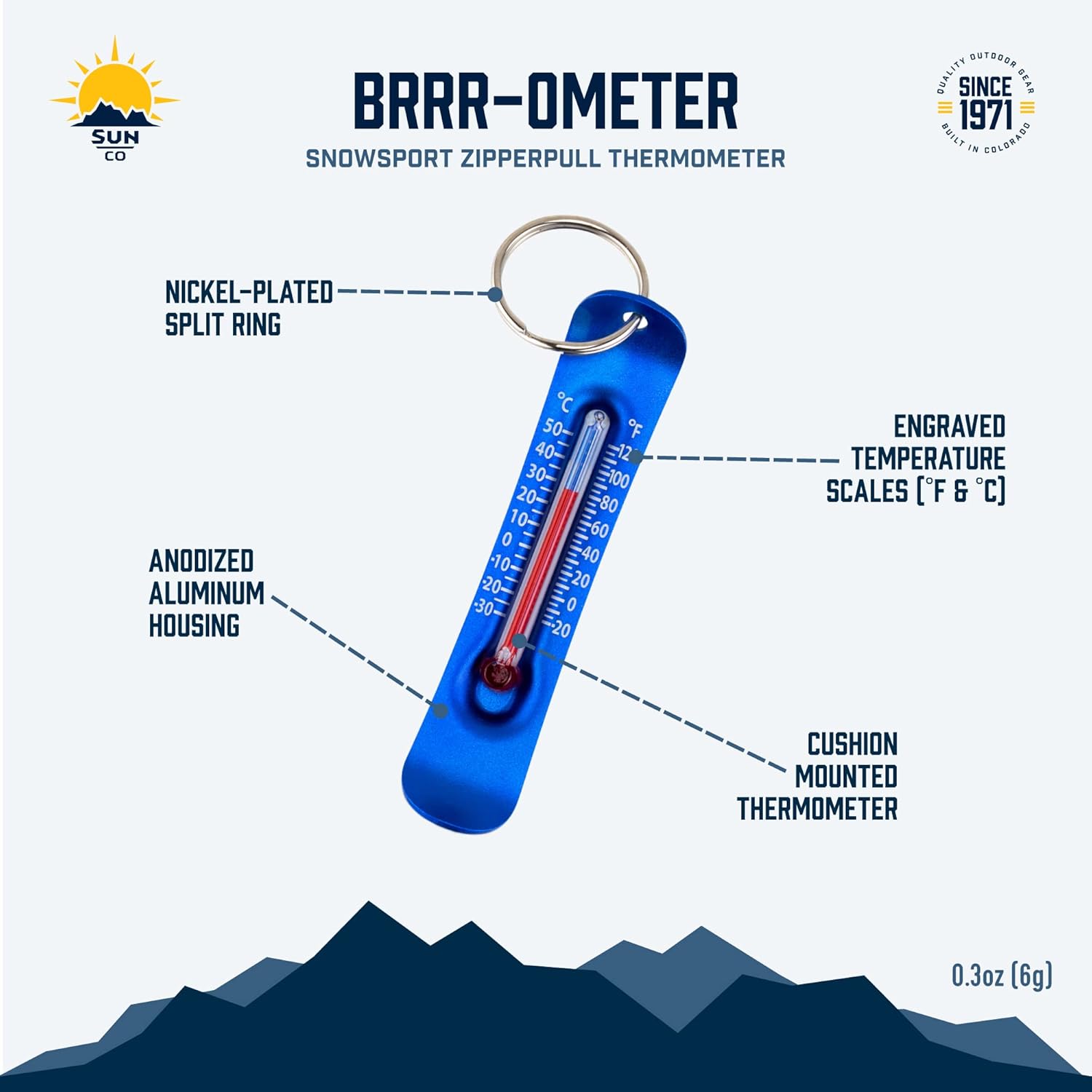 Sun Company Brrr-ometer – Termómetro con cremallera para deportes de nieve para chaqueta, parka o mochila  Mini termómetro llavero de esquí y