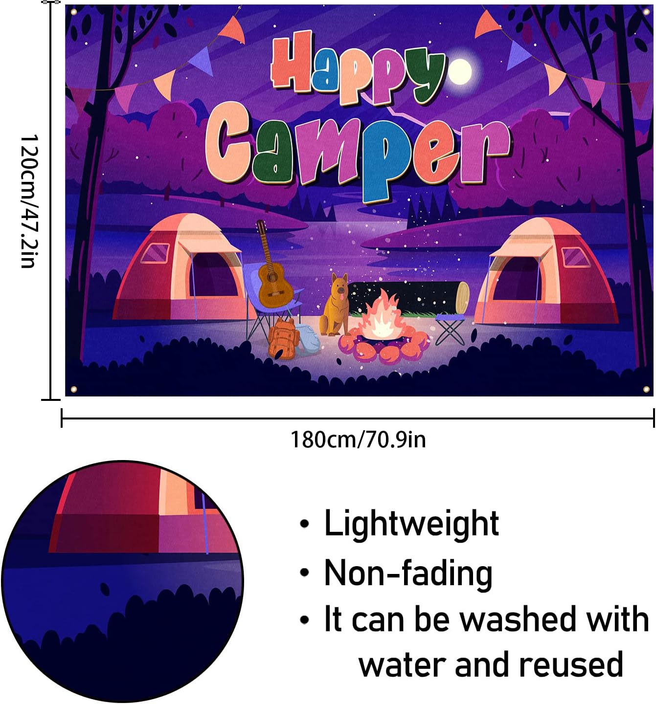 Cartel de fondo de Happy Camper – Decoración de fiesta temática de campamento de aventura en el bosque, suministros para niños y niñas, 3.9 x 5.9
