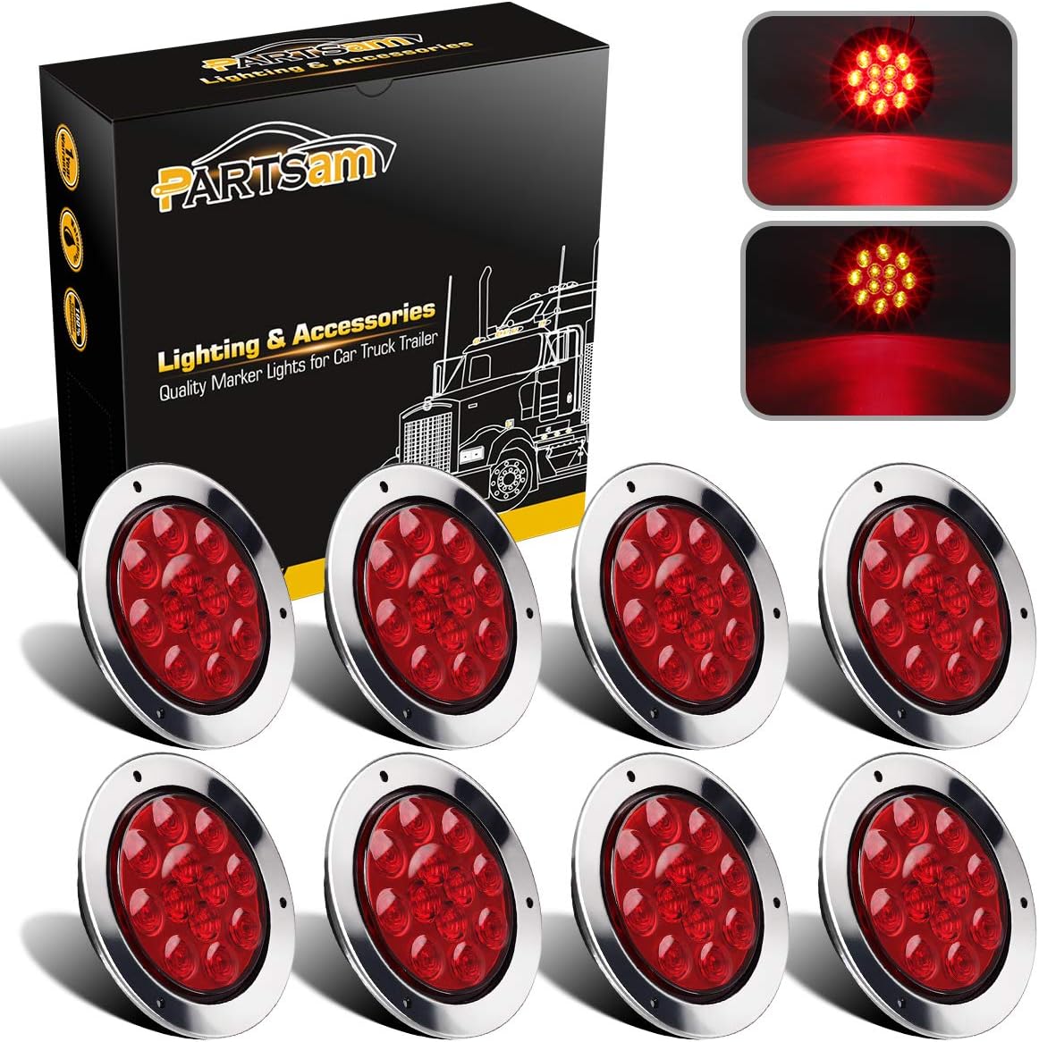 Partsam 8 luces traseras LED redondas de 4 pulgadas, color rojo, 12 LED, montaje en brida, camión, remolque, caravana, freno, marcador de giro,