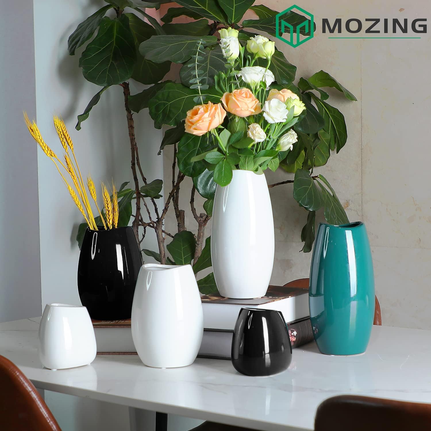 Mozing Juego de jarrones de flores verdes, moderno jarrón de cerámica para decoración del hogar, jarrones altos decorativos para flores, estante,