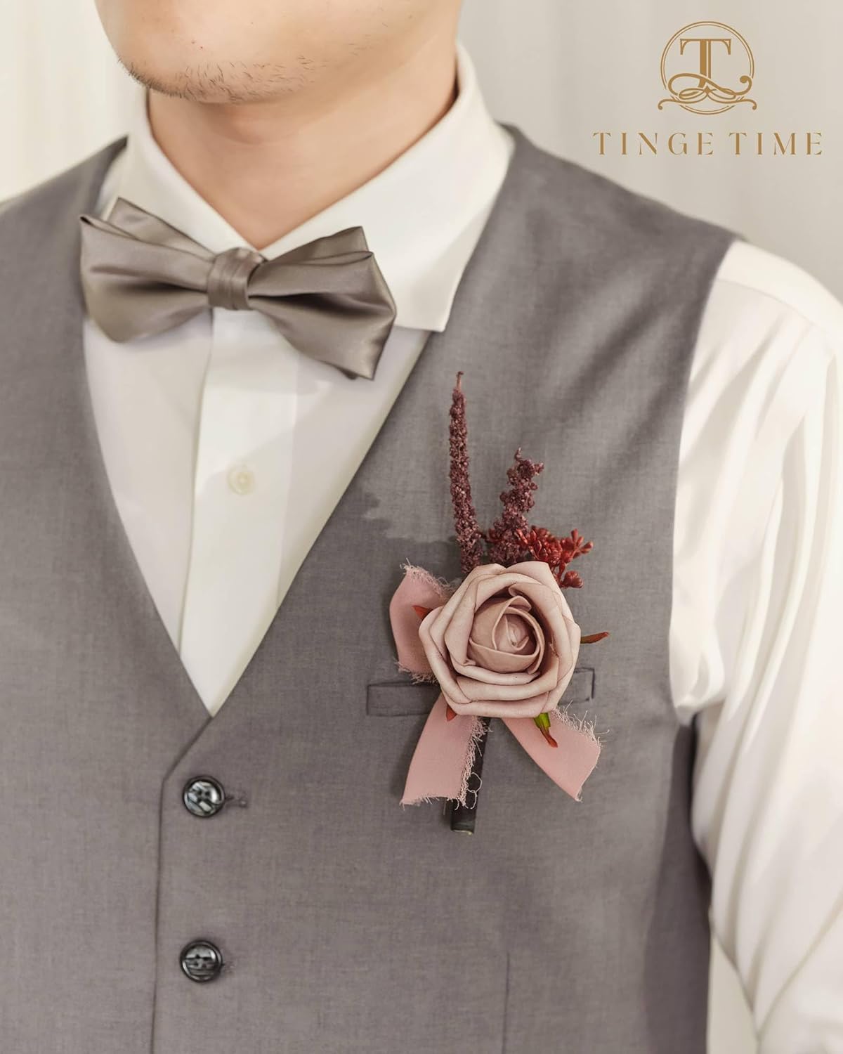 TINGE TIME Boutonniere – Juego de 6 boutonniere de boda para hombre, Boutonniere para novio, novio y padrino, juego de boutonniere para graduación,